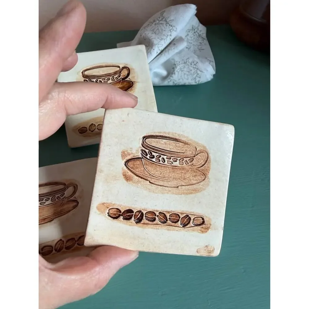 Set of 3 Ceramic Coffee-Themed Coasters | Café Kitchen Décor